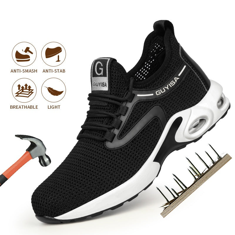 Black Sneakers Men Work Safety Shoes Lightweight Breathable For Gym Travel Work Casual Tennis Running Shoes Product Information: Upper height: Low upper Upper material: fly weaving surface Function: Puncture damage Shoe head style: steel baotou Sole mater