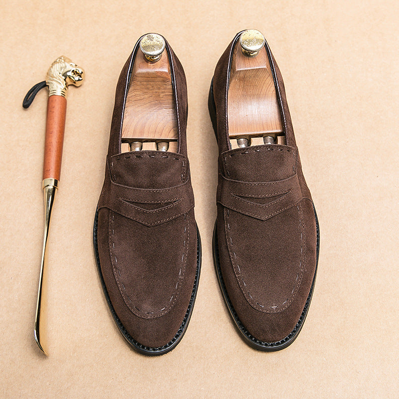 Pointed Casual Shoes British Suede Men Product information: Lining material: Microfiber Color: black, blue, brown Processing Method: embossing Heel height: flat heel Socks length: low tube Size: 37, 38, 39, 40, 41, 42, 43, 44 Sole material: rubber Shoe Up