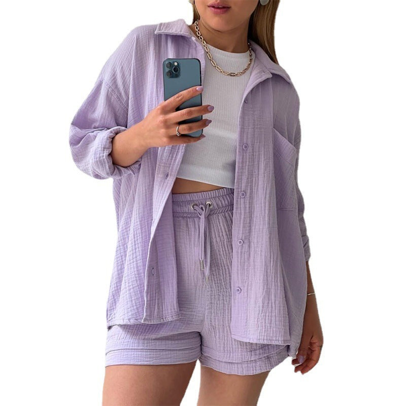Spring Champray Lapel Long Sleeve Shirt High Waist Drawstring Shorts Plus Size Fashion Casual Set Product information: Pattern: solid color Fabric name: Polyester Color: Orange, Rose Red, green, khaki, light purple, pink Sleeve type: ordinary sleeve Pants