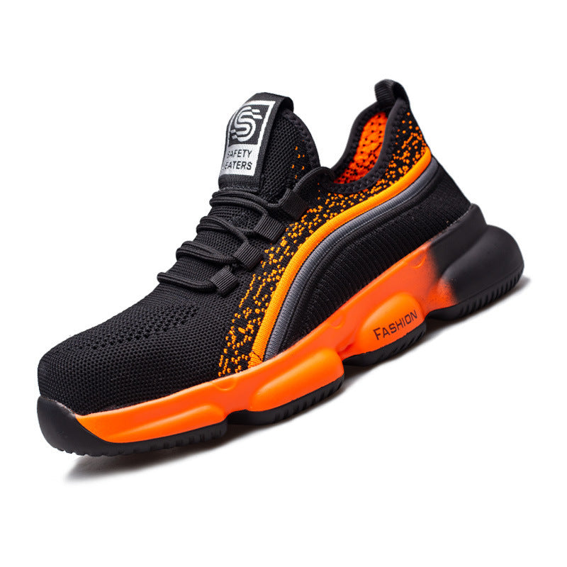 Wholesale Flying Woven Safety Shoes Wear-Resistant Lightweight Soft-Soled Protective Shoes Product information: Color: black and white four seasons, black orange four seasons, black orange summer breathable, black gray summer breathable, black four season