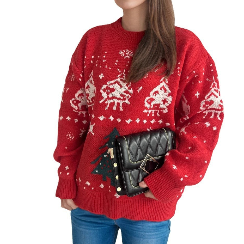 Christmas Red Sweater Women Jacquard Pullover Knitted Sweater Product information: Color: red Size: S,M,L Style: pullover Thickness: medium Fabric name: Polyester Main fabric composition: Polyester (polyester fiber) Wearing style: pullover Length: normal