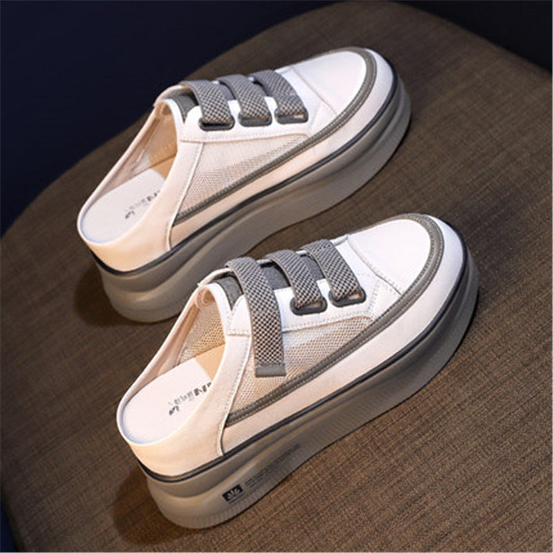 Women's Lazy Inner Heightening Half Slippers Product information: Material: cowhide, mesh Style: fashion and simplicity Features: Round head Colour: white grey, white black Size Information: Packing list: Slippers*1PAIR Product Image: Women's Lazy Inner H