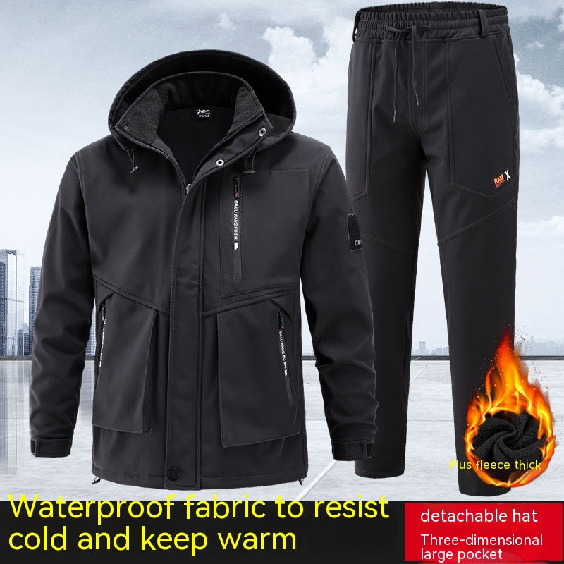 Men's Cold-proof Warm With Velvet Thick Work Clothes Suit Product information: Pattern: solid color Material: Polyester Lining: polar fleece Fabric: polar fleece Function: breathable, waterproof, warm, wear-resistant, windproof Waterproof coefficient: 100