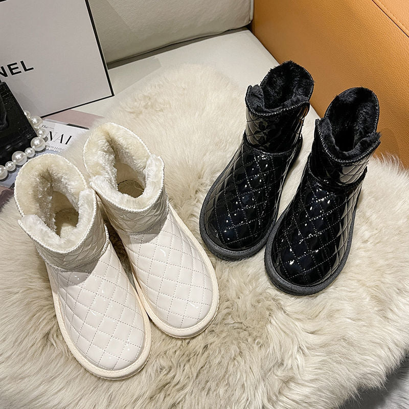 Waterproof Snow Boots Women's Rhombus Non-slip Thickened Product information: Color: Black 988 upgrade thickening, beige 988 upgrade thickening, ordinary black thin cotton Upper height: Middle top Processing Method: patent leather Size: 36, 37, 38, 39, 40