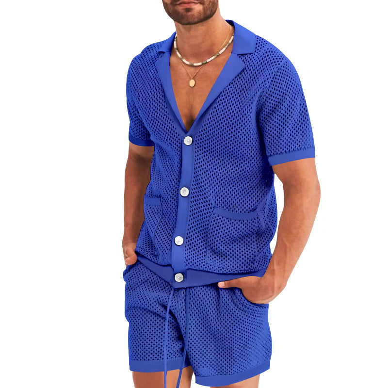 Men's Fashion Casual Hollow Short-sleeved Shorts Set Product information: Material:polyester fiber Style:Fashion Simple Features:Solid color Colour:white,blue,black,lake blue,light grey Size Information: Size/CM Lenght Bust Shoulder Pants Length Waist Hip
