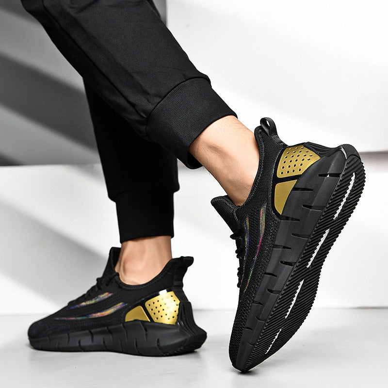 All-match Running Shoes Flying Woven Mesh Sneakers Product information : Style: Korean Function: heightened, breathable, light Suitable season: summer, spring, autumn Applicable gender: male Pattern: Color matching Upper material: EVA Sole material: compo