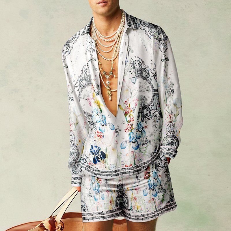 Loose Shirt Casual Men's Shorts Long Sleeve Suit Product information: Material:Polyester Fiber (Polyester) Style:Hong Kong style Features:printing Colour:White Size Information: Size:S/M/L/XL/XXL/3XL Size Shoulde Bust Top Length Waist Hip Length S 45 110