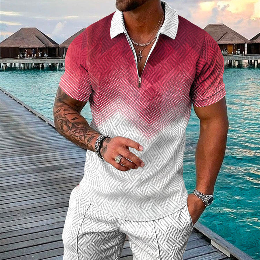 Men's Summer Fashion 3D Printed Short Sleeve Geometric Zip Lapel Shirt Set Product information: Material:Polyester Fiber (Polyester) Style:hip hop Features:printing Colour: red white Size Information: Size: S/M/L/XL/XXL/3XL/4XL/5XL Note: 1. Asian sizes ar