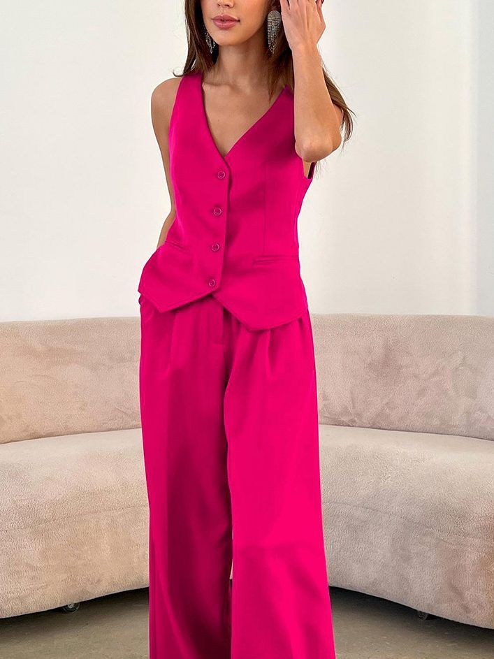 Small Suit Vest Suit Women's Two-piece Suit Product information: Pattern: solid color Fabric name: Polyester Color: pink, new in spring and summer, composition: 95% polyester 5% spandex, weight (M): 477G Sleeve type: conventional sleeve Pants length: trou