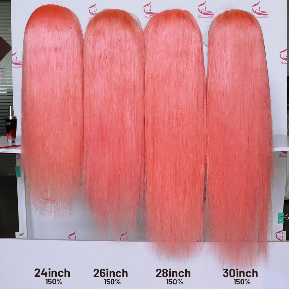 Human Hair 13x4 Front Lace Light Pink Straight Stripe Wig Headband Product information: Style: Natural Model: 13 * 4 direct hair Applicable audience: Ms Color: 150%, 180% Can it be dyed and ironed? It can be dyed and ironed Hair Material: Human Hair Wig l