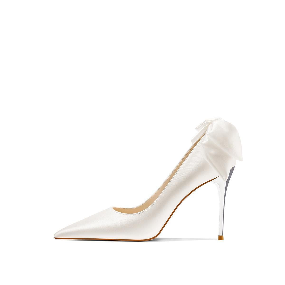 Pointed Toe Stiletto Evening Dress Shoes Bow High Heels Product Details: Popular elements: flowers, shallow mouth Toe shape: pointed Upper Material: Artificial PU Applicable gender: female Heel height: super high heel (above 8CM) pattern: plain Color: whi