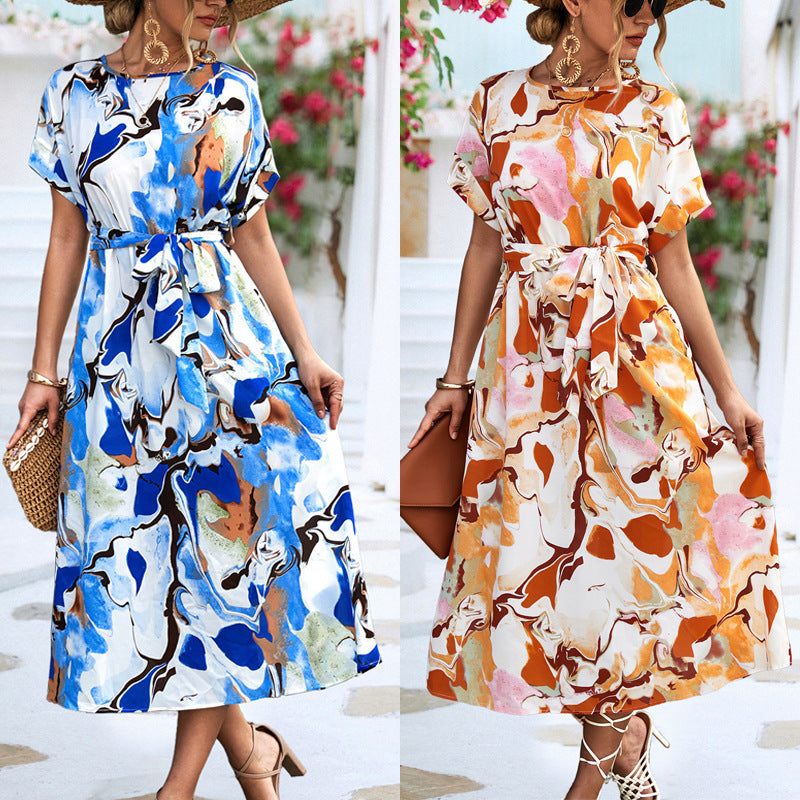 Summer Print Short-sleeved Dress Summer Loose Lace-up A-line Long Dresses Fashion Casual Holiday Beach Dress For Womens Clothing Product information: Material:Polyester fiber Style:Fashion Simple Features:Solid color Color:picture color Size Information: