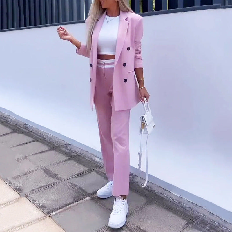 Fashion Commuter Solid Color Casual Two-piece Suit Women Product information: Pattern: solid color Color: Pink Pants length: trousers Main fabric composition: Polyester (polyester fiber) Size: S,M,L,XL Applicable Gender: Female Sleeve length: long sleeve