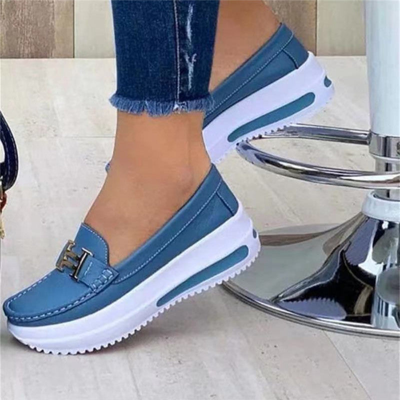 Pure Color Low-top Casual Round Toe Platform Shoes Product information: Color: White, red, black, gold, light blue, dark blue Popular elements: Wedge heel, color matching, leather stitching, belt buckle Toe shape: Round toe Upper Material: Artificial PU C