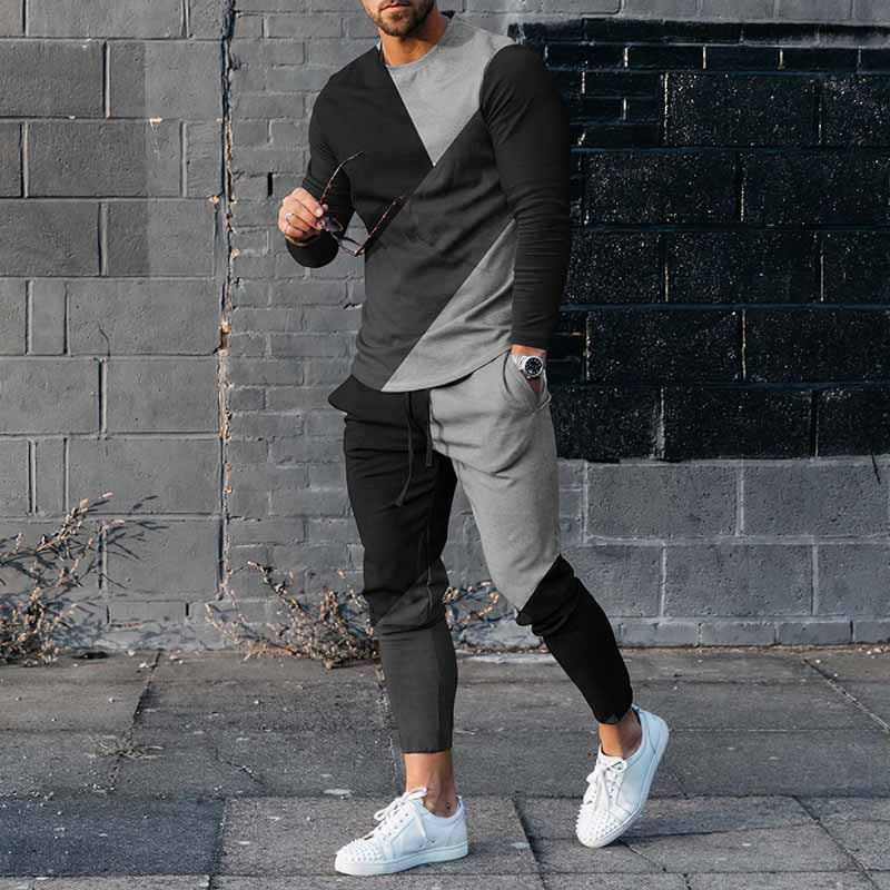 Round Neck Long Sleeve T-shirt Trousers Suit Men Product information: Color: light gray, dark gray, light blue, black, army green, khaki, 1,2,3,4,5,6,7,8,9,10,11,12,13.14 Top sleep length: long sleep Pants length: trousers Size: S,M,L,XL,XXL,XXXL,4XL,5XL,