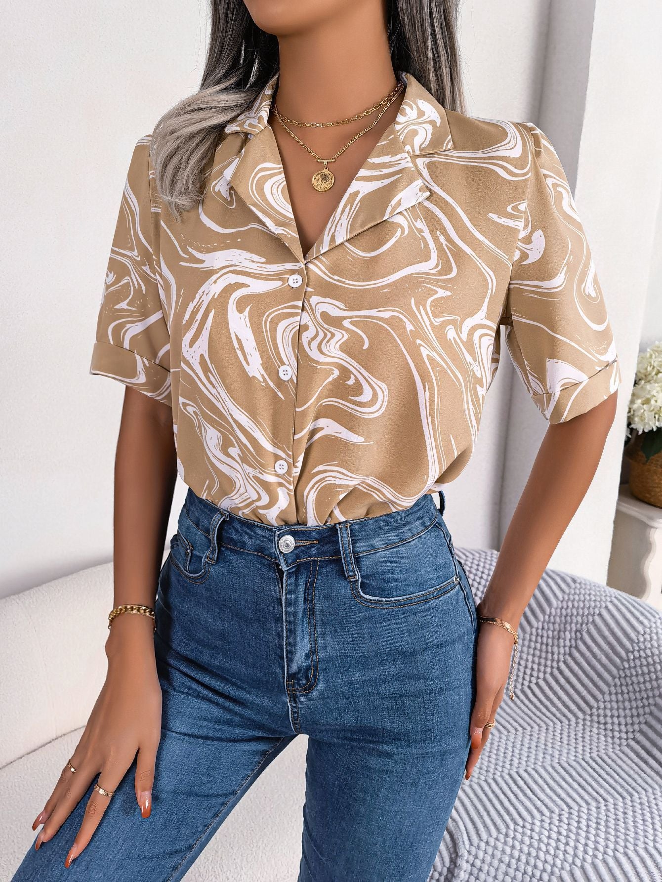 Fashion Tie Dye Printed Short Sleeve Shirt Summer Casual Lapel Shirt Tops For Womens Clothing Product information: Material:Four Way Stretch Size Information: Note: 1. Asian sizes are 1 to 2 sizes smaller than European and American people. Choose the larg