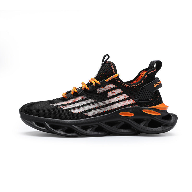 Sports and leisure flying woven mesh shoes Function: breathable Inner material: mesh Applicable gender: male Upper height: low Sole material: MD Upper material: flying line Technology: breathable technology Sports and leisure flying woven mesh shoes Funct