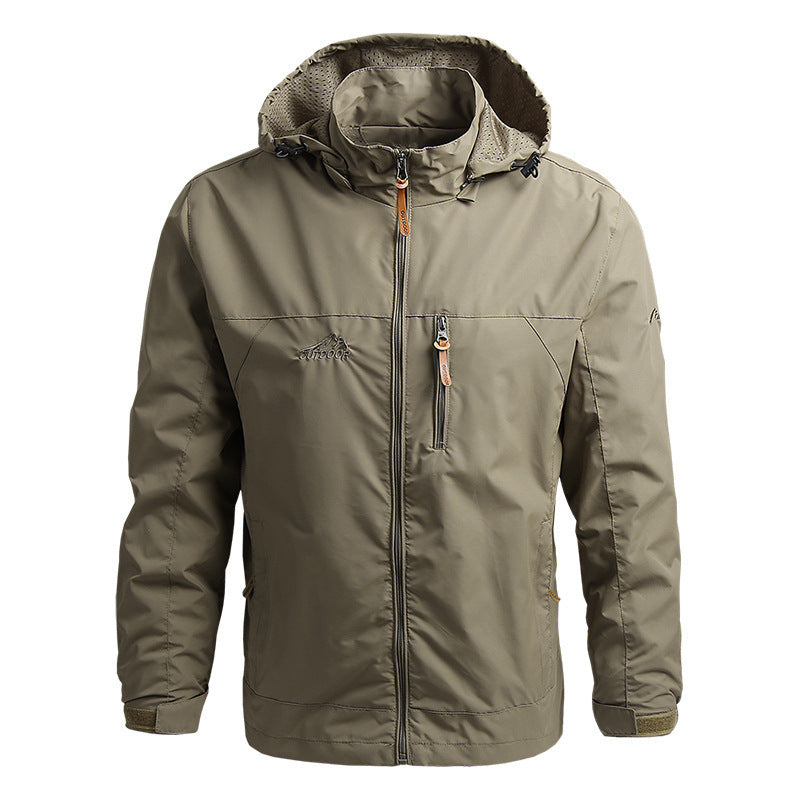Mountaineering Windbreaker Outdoor Sports Jacket Men Product information: Product Category: Jacket Collar type: Stand-up collar Edition type: FIt type Placket: Zipper Whether Hooded: Hooded Thickness: General Suitable season: Spring and autumn Suitable fo