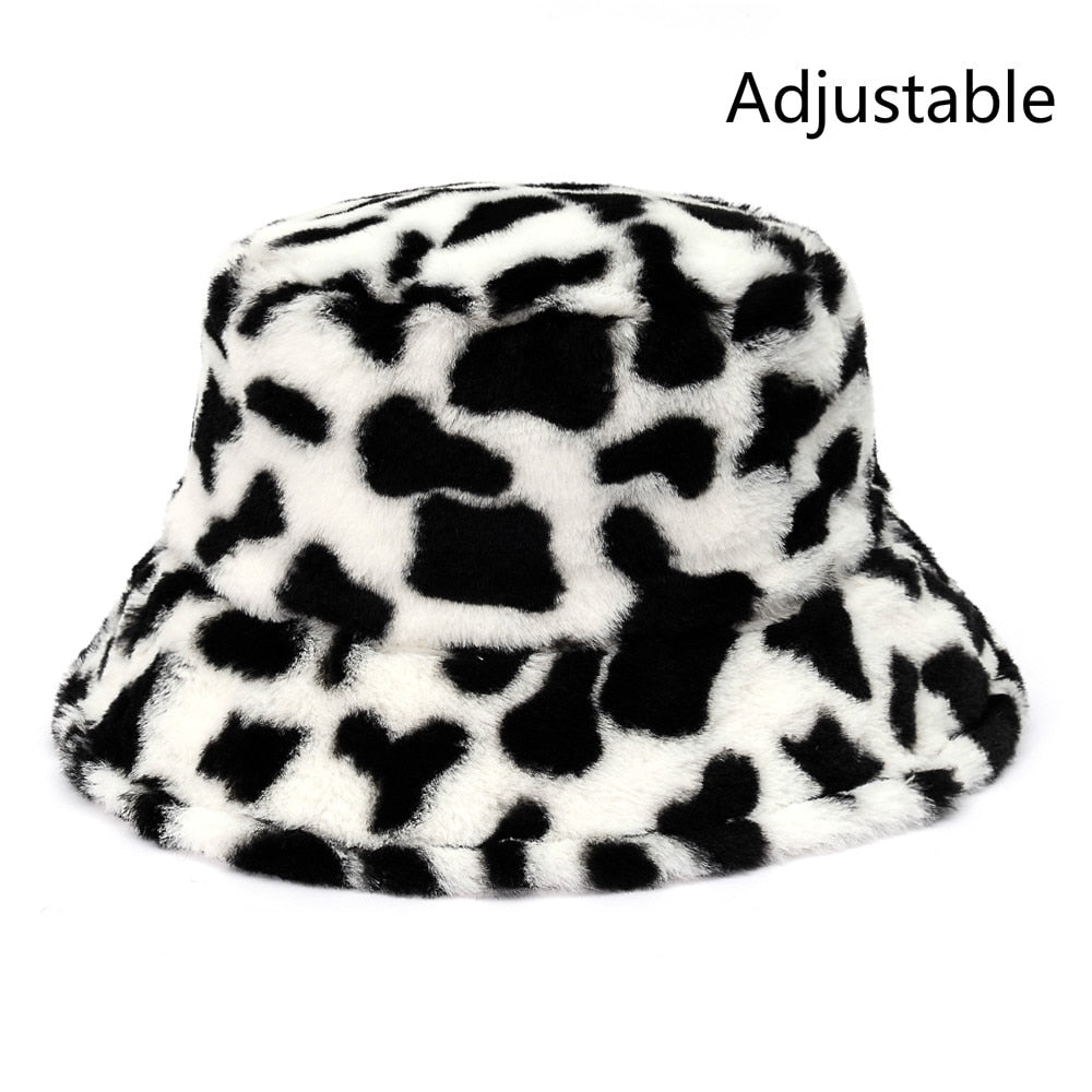 Winter Cow Leopard Faux Fur Fluffy Bucket Hats Cut out the chill this winter with these gorgeous Winter Cow Leopard Faux Fur Fluffy Bucket Hats. These stylish bucket hats combine bunches of soft faux cow leopard fur with bold patterns, making you stand ou