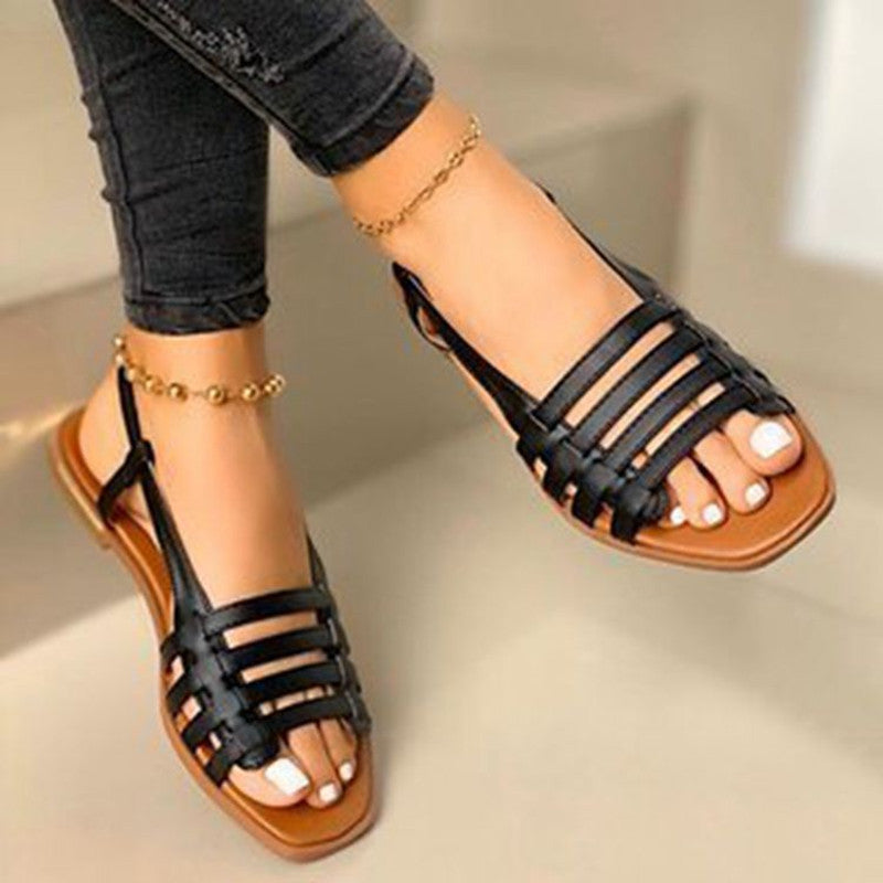 Woven beach shoes Upper material: artificial PU Sole Material: Rubber Toe shape: open toe Heel height: low heel (1-3CM) Heel shape: square heel Popular elements: hollow Sole technology: Viscose shoes Inner material: no inner Woven beach shoes Upper materi