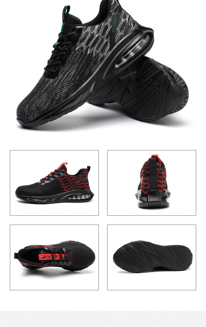 Flying Woven Upper Sweat-wicking And Non Stuffy Foot Safety Shoes Product information : Upper height: low upper Upper material: mesh cloth Function: Puncture injury Toe style: steel toe cap Sole material: PU Closure mode: shoelace binding Type: anti-smash