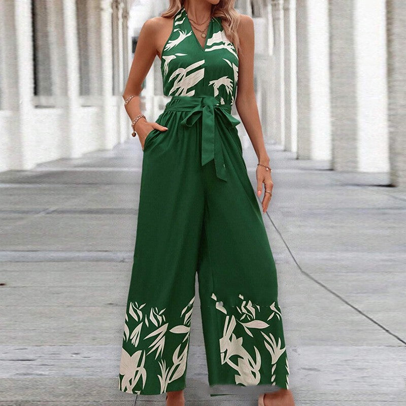 Printing Series Belt Halter Backless Jumpsuit For Women Product information: Color: green, blue, Peacock Green Elasticity: inelastic Pants length: trousers Waist type: high waist Size: S,M,L,XL,2XL,3XL,4XL,5XL Style: Jumpsuit Main fabric composition: Poly