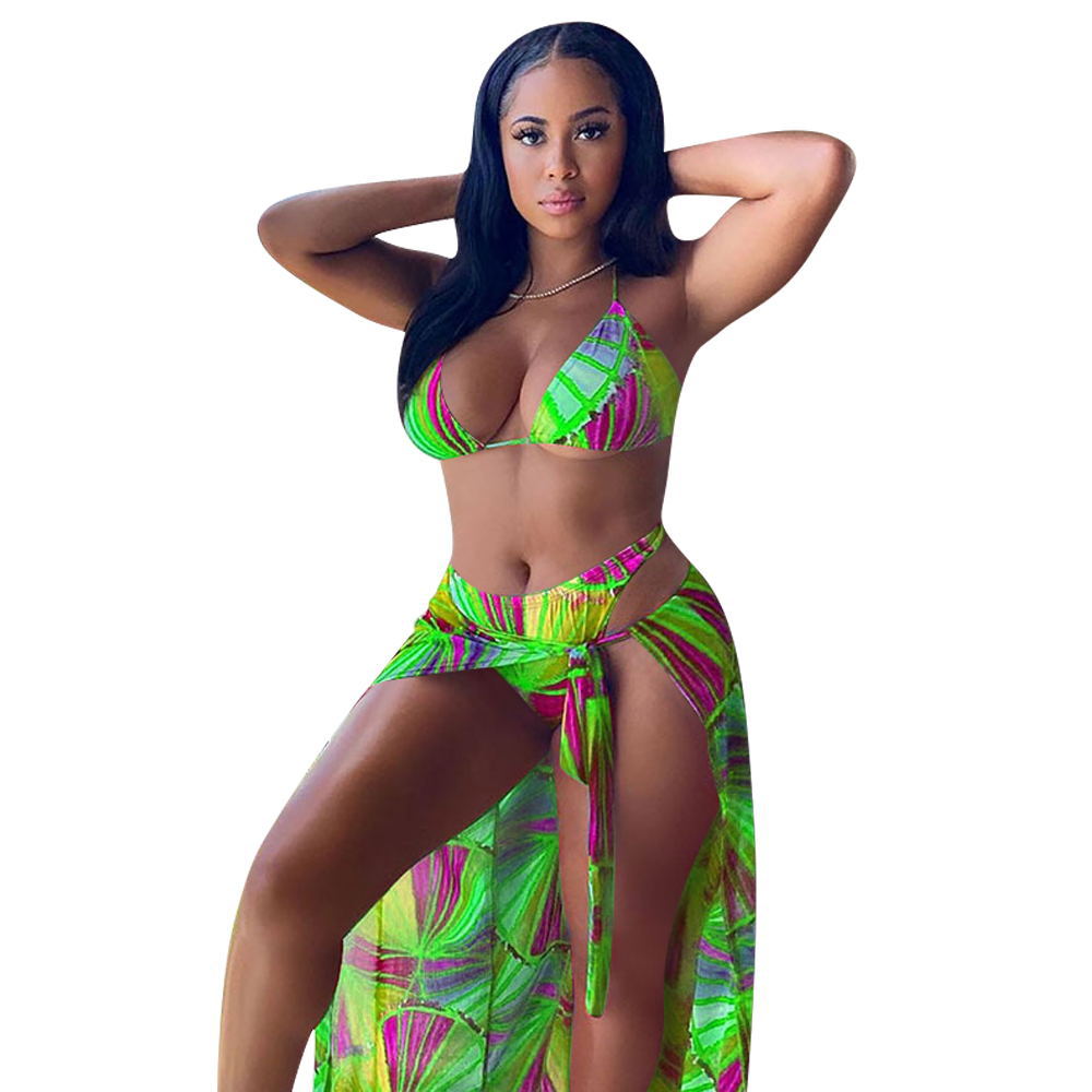 Split Swimsuit Summer Bikini Three-piece Print Beach Suit Swimming Sportswear Product information: Pattern style: floral, quick-drying, gradient, sexy, high elasticity, durable, European and American Whether with steel drag: no steel support and no chest