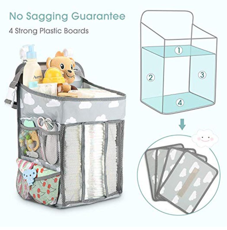 Portable Baby Crib Organizer Bed Hanging Bag Overview Multifunctional bed hanging storage bags can be equipped with baby clothes, care products, urine pads, baby bottles, tissue box toys, etc. Store all the supplies your baby needs at your convenience. Th