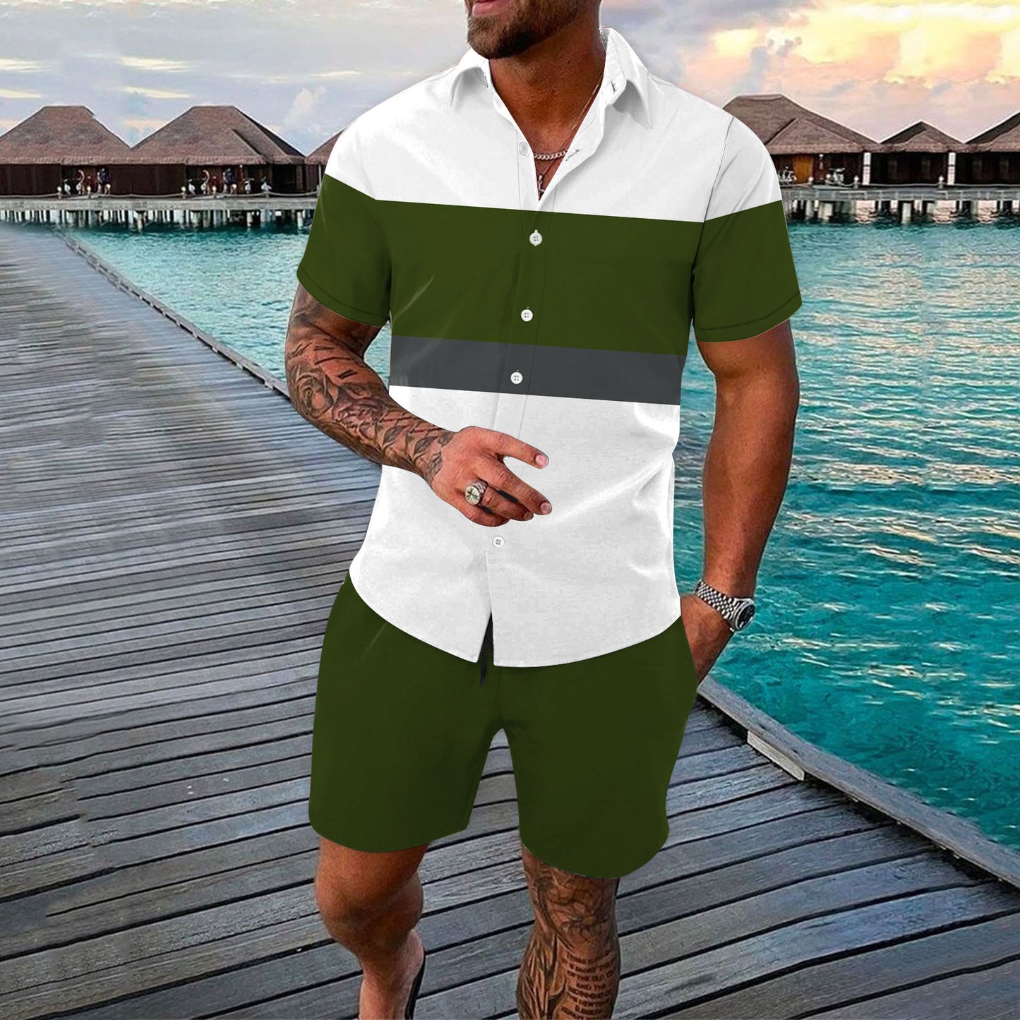 Fashion Men Summer Lapels Shirt Outfit Product information: Pattern: color matching Color: ZC-7801,ZC-7800,ZC-7802,ZC-7803 Size: M,L,XL,XXL,XXXL Style: Cardigan Fabric name: four-sided elastic Fabric: Polyester Fiber Inventory Type: whole transaction Proc