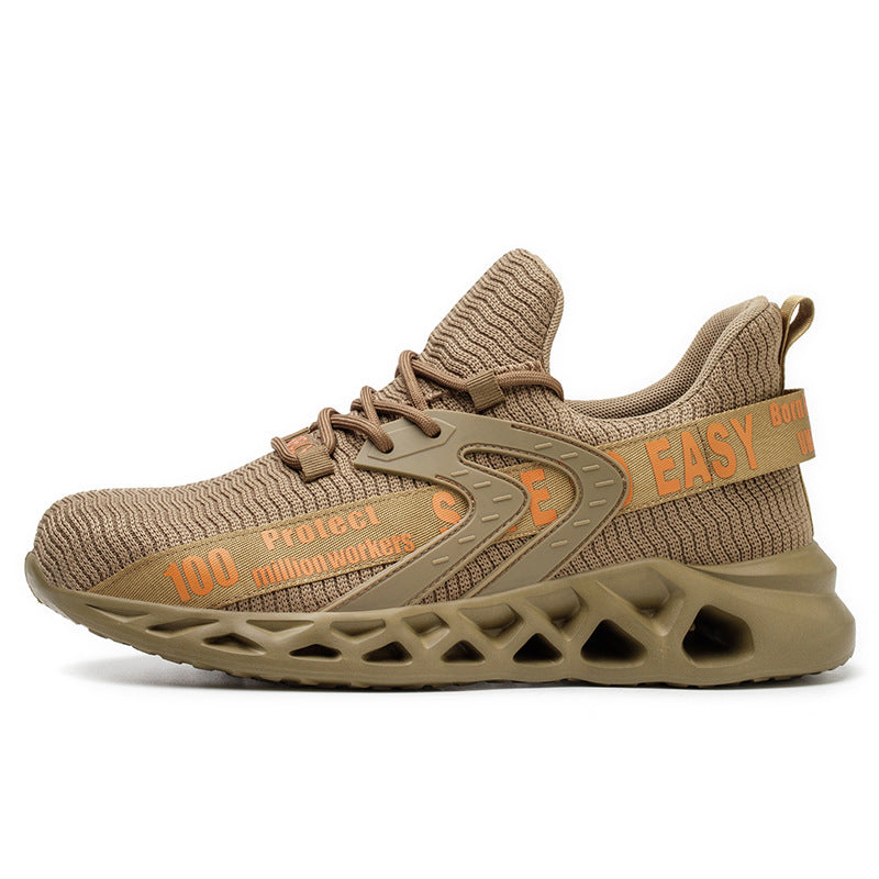 Fly-knit Upper Labor Protection Shoes Are Light And Comfortable Product Details: Upper height: Low upper Upper material: flying mesh surface Function: Puncture damage Toe style: Widened toe Material: Steel baotou Color: Red, Khaki, Blue, black Size inform