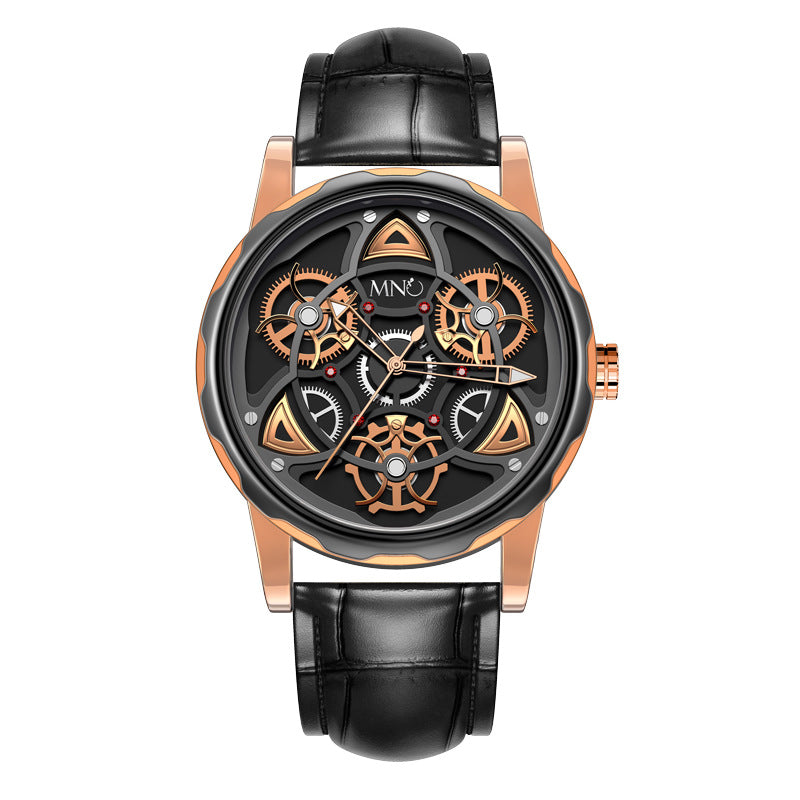 Black Gold Trend Three Dimensional Watch Personality Gear Gyro Season To Run Watch Men Product information: Special Features: Decoration, small three stitch Display type: pointer Suitable for: Male Style: Athletic Waterproof: Yes Waterproof performance: 3