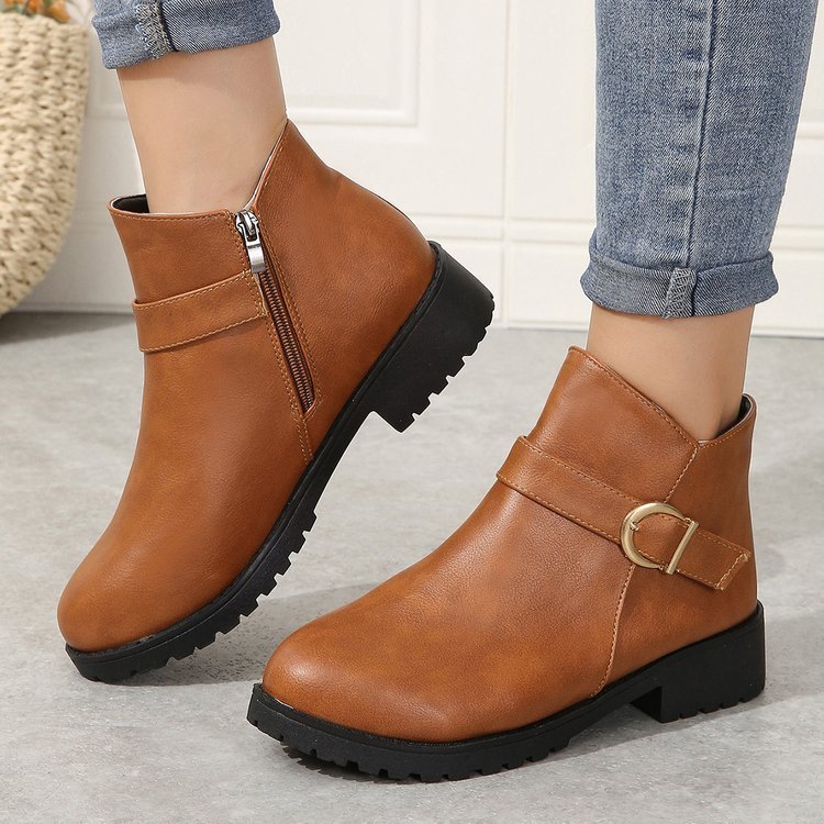 Belt Buckle Zipper Chunky Heel Short Leather Boots Product information: Lining material: PU Color: black, yellow Brown Heel height: low heel (1-3CM) Socks length: low tube Size: 36, 37, 38, 39, 40, 41, 42 Sole craft: viscose shoes Sole material: rubber Po