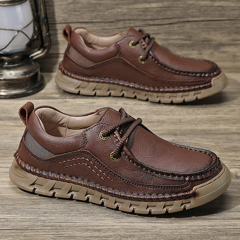 Hand-stitched Business Leather Shoes Outdoor Leisure Product information: Lining material: Leather Color: black, light brown, dark brown Processing Method: paint surface Heel height: flat heel Size: 38, 39, 40, 41, 42, 43, 44, 45, 46 Sole material: rubber