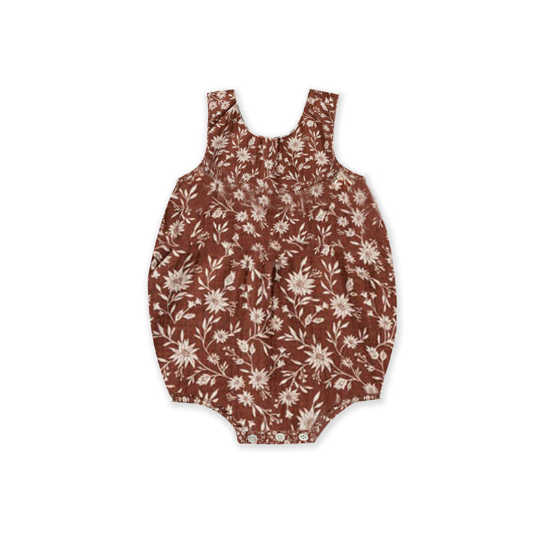 Summer Baby Rompers Cotton Breathable One-piece Nordic Style Floral Sleeveless Romper Product information: Color: beige leaves, khaki flowers, dark red flowers Suitable height: 66cm,73CM,80cm,90cm Style: Triangle jumpsuit Thickness: thin Fabric name: Cott