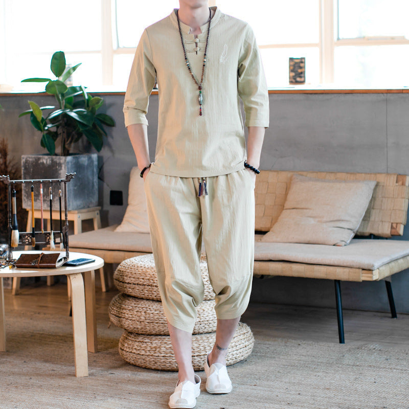 Antique Hanfu Large Size Short Sleeve T-Shirt Set Product information: Pants length: Cropped trousers Top style: T-shirt Top sleeve length: Short sleeve Whether hooded: Not hooded Fabric name: Hemp blended Color: Black, navy blue*, dark gray, khaki Size I