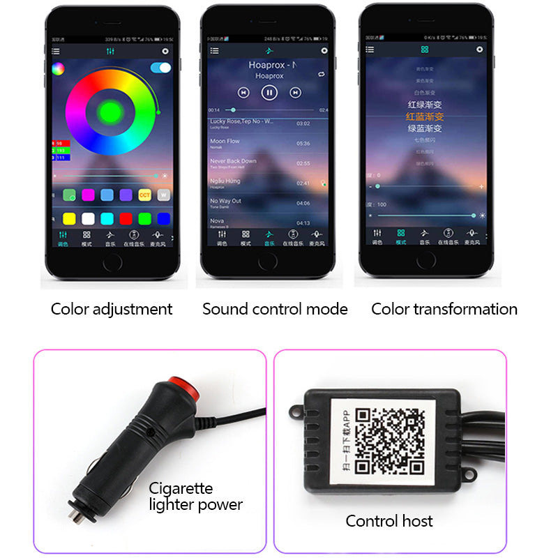 Car Fiber Optic Ambient Light Modified Car Interior Cool Light APP Rhythm Light Overview: 1. RGB mode, most color available, colorful interior car atmosphere light strips, enjoy a leisure and relax drive. 2. Freely cut, easy to install, install the place