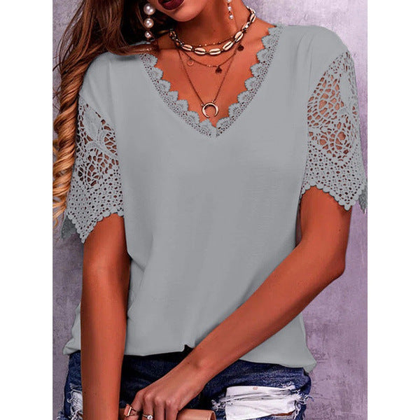 Lace Tops Women Summer Loose V Neck Short Sleeve Casual Shirts Product Information: Fabric name: polyester fiber Main fabric composition: polyester fiber (polyester) Main fabric component 2: cotton Pattern: Solid color Style: Pullover Sleeve length: Short
