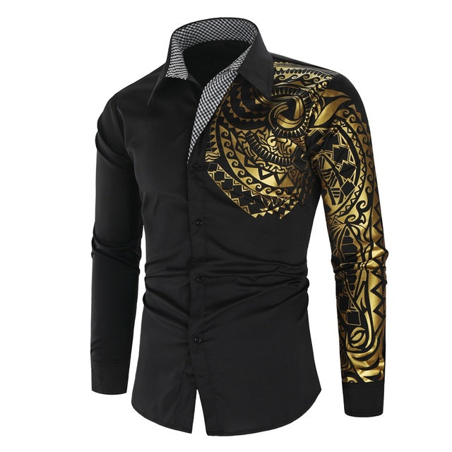 Luxury Gold Black Shirt Men New Slim Fit Long Sleeve Introducing the Luxury Gold Black Shirt for Men - the perfect shirt for those who want to make a statement. This slim fit shirt is made from high quality material, and features intricate gold details on