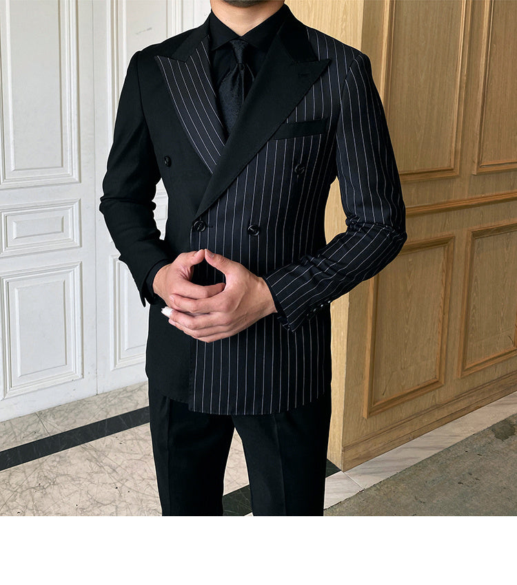British Striped Double Breasted Suit Men Product information: Version: slim fit Collar type: notched lapel Placket: two double-breasted buttons Main fabric composition: cotton The content of main fabric components: 40 (%) Pattern: stripes Clothing hem des