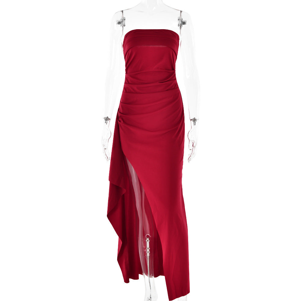 Strapless Split Long Dress Summer Fashion Pleated Bridesmaid Dress For Womens Party Wedding Clothing Overview: Unique design, stylish and beautiful. Good material, comfortable wear. A variety of colors, any choice. Product information: Pattern: solid colo