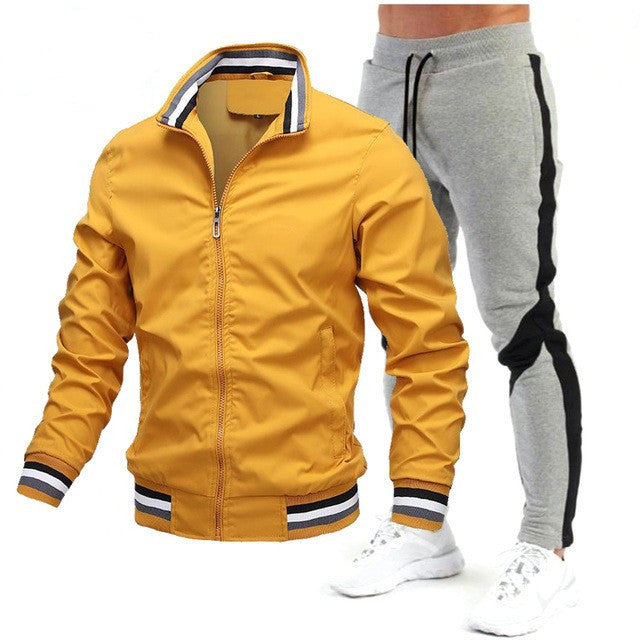 Street Running Sports Teen Jacket Stitching Printing Sweatpants Suit Product information: Pattern: solid color Color: white and black trousers, black and black trousers, yellow and black trousers, army green and black trousers, navy blue and black trouser