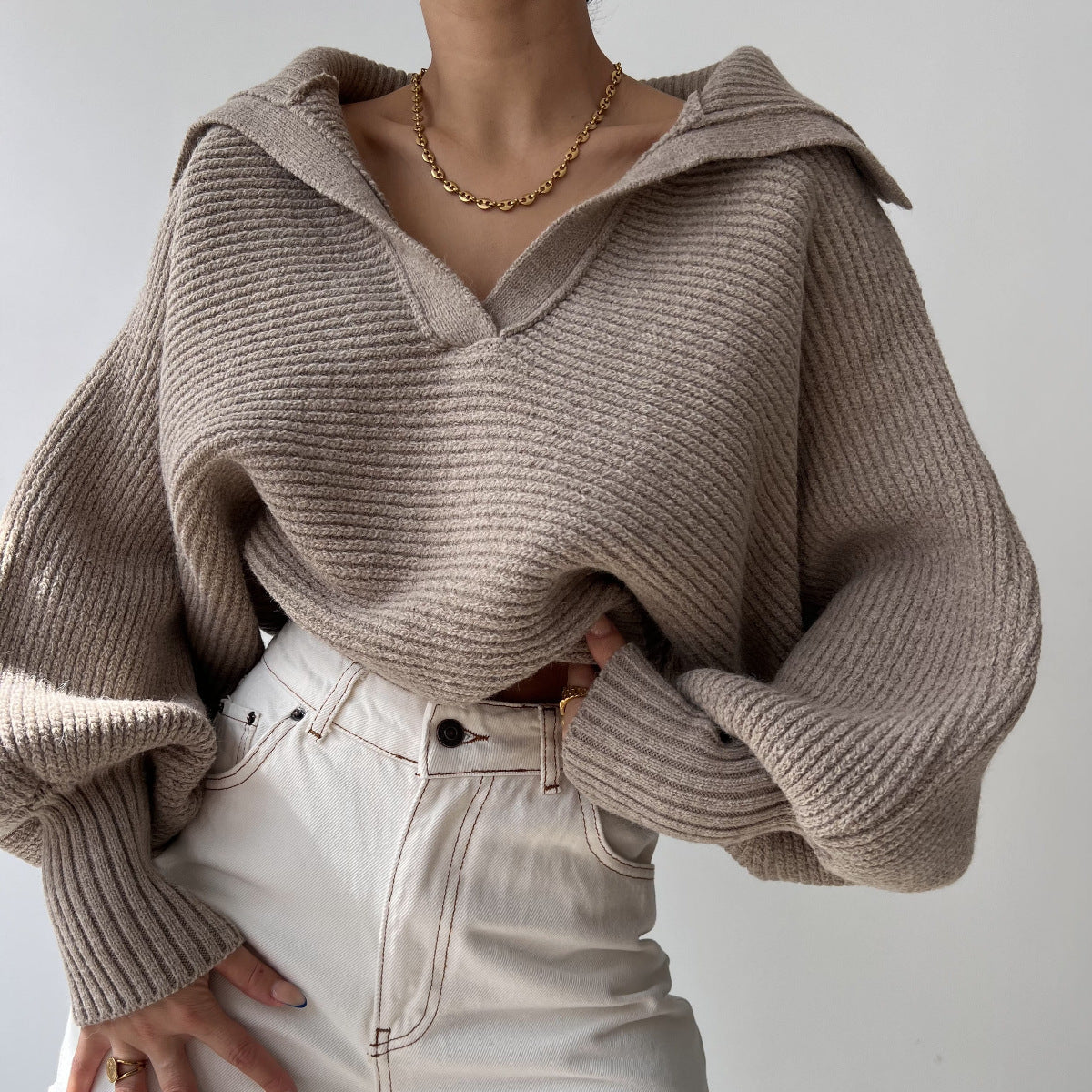 Spring And Autumn New Lapel Pullover Women's Sweater Product information: Fabric name: Spandex Color: gray, khaki, apricot Sleeve type: regular sleeve Main fabric composition: Polyester (polyester fiber) Size: S,M,L,XL Applicable Gender: Female Style type
