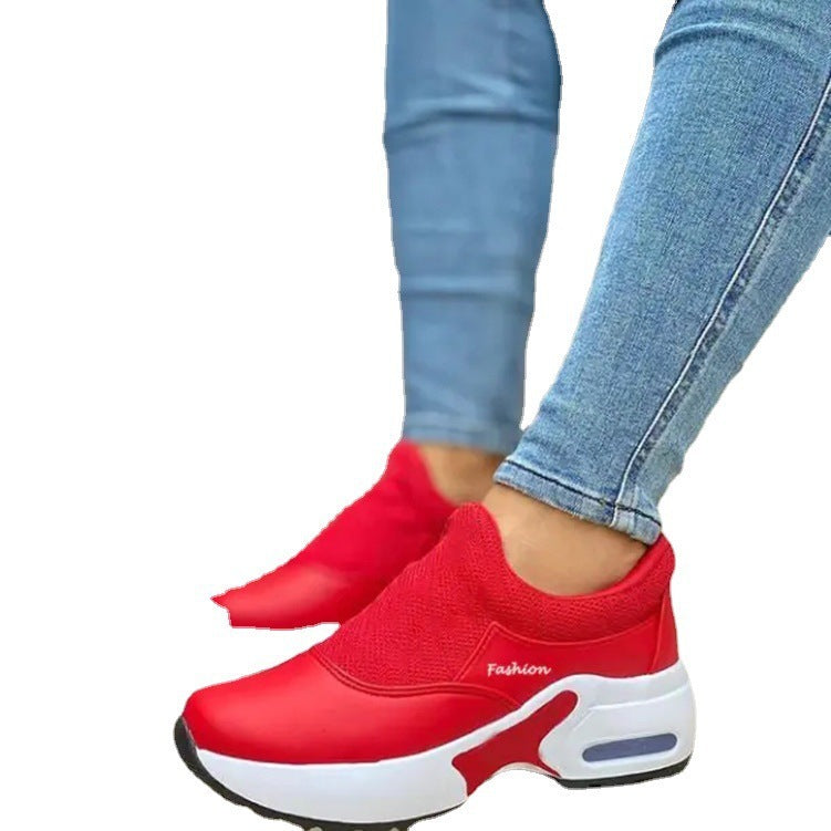 Flat Platform Sneakers With Flying Woven Daddy Shoes Product Information: Sole material: PU Inside material: microfiber Upper height: low Heel shape: wedge heel Sole craft: viscose shoes Toe shape: round toe Upper material: PU Color: white, red, black, pi