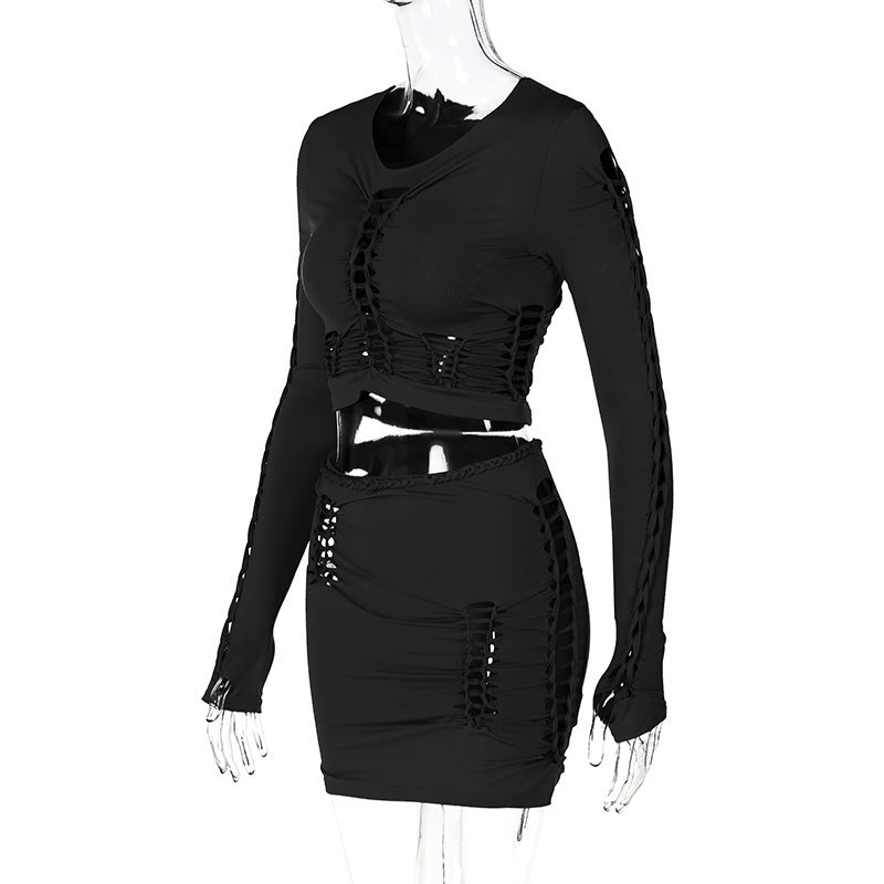 Autumn Cut Out Round Neck Long Sleeve Slim Two Piece Skirt Suits Material: Polyester Combination form: Single Piece Sleeve Type: Long Sleeve Color: Black Autumn Cut Out Round Neck Long Sleeve Slim Two Piece Skirt Suits Material: Polyester Combination form