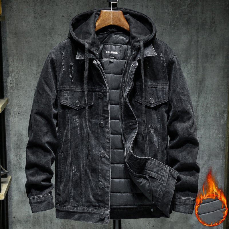Thick denim jacket men style: Casual Collar type: Lapel Edition type: Slim type Placket: single breasted Whether Hooded: Hooded Thickness: thicker pattern: plain suitable season: winter Suitable for the crowd: youth Fabric name: Cotton Main fabric composi