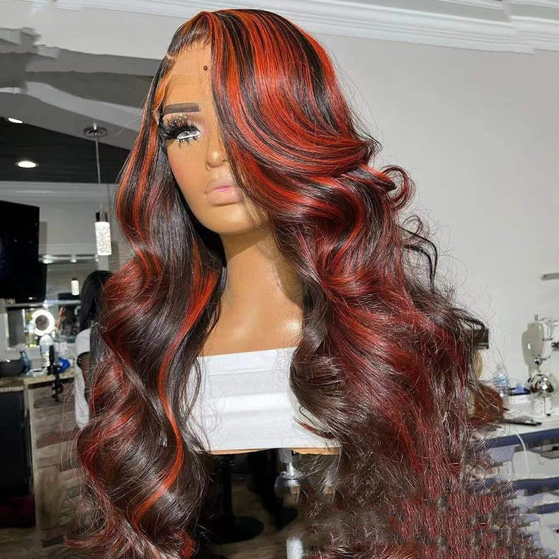 Lace Frontal Burgundy Highlight 13X4 4x4 Closure Wigs Product information: Model: real hair lace headgear Applicable people: ladies Processing technology: full hand weaving/semi-mechanism/360 head cover Length: 8-28 Inch Density: 150% density Material: 10