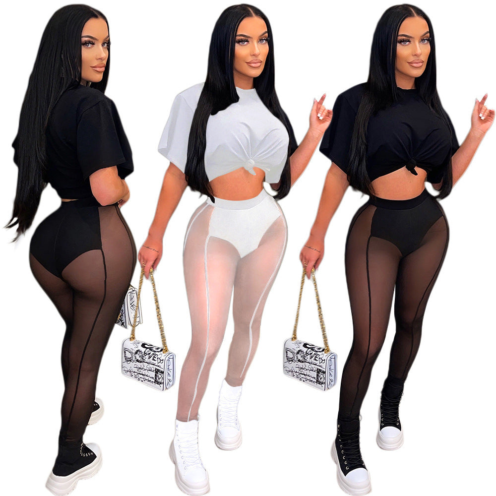 Short-sleeved T-shirt Top Panel Mesh Trousers Two-piece Set Product information: Pattern: Mesh Style: two piece set Top style: T-shirt Shirt sleeve length: short sleeve Main fabric composition: polyester fiber (polyester) Size information: Size: S,M,L,XL,