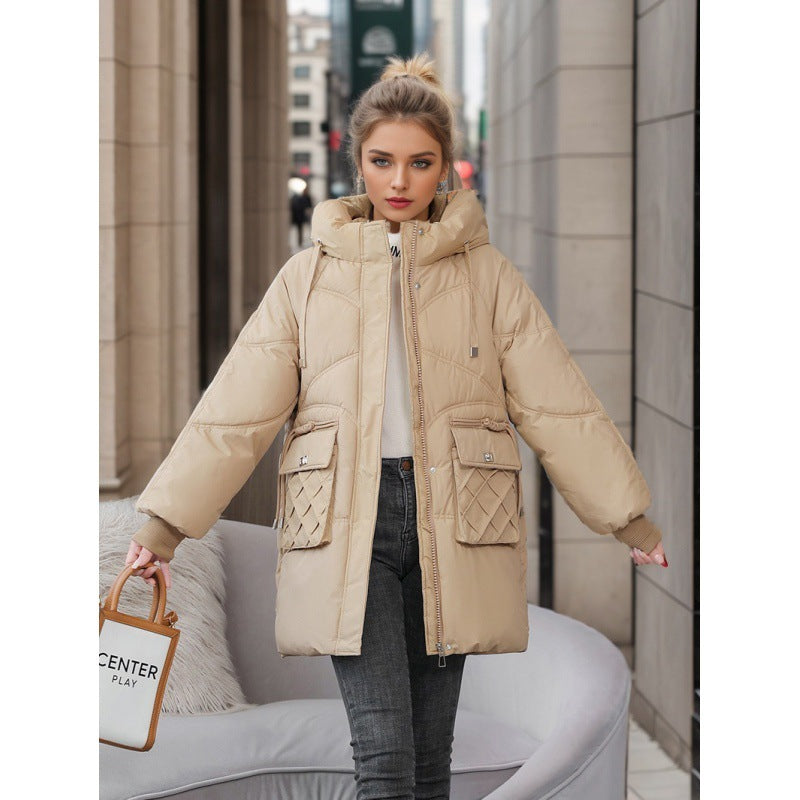 Winter Warm Hooded Coat With Pockets Fashion Solid Color Thicken Straight Cotton Jacket For Women Outerwear Clothing Product information: Filler: Down cotton Fabric name: Polyester Main fabric composition: Polyester fiber (polyester) Sleeve length: Long s