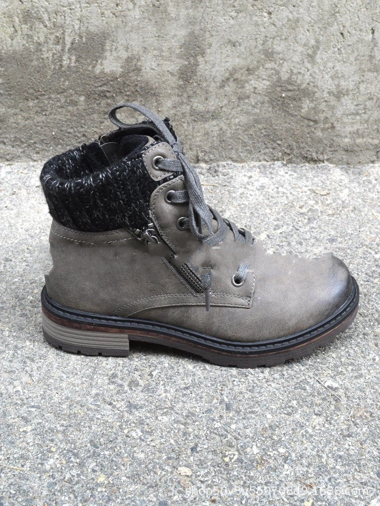 Low Heel Lace European And American Retro Cotton Boots Wool Stitching Overview: Unique design, stylish and beautiful. Good material, comfortable feet. A variety of colors, any choice. Specification: Upper Material: Artificial PU Sole Material: Rubber Appl