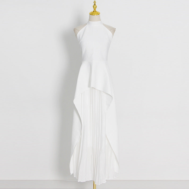 Women's Fashion Round Neck Sleeveless Dress Irregular Suit Product information: Pattern: solid color Color: black, white Size: S,M,L Skirt length: long skirt Main fabric composition: Polyester (polyester fiber) Applicable Gender: Female Sleeve length: sle